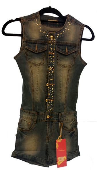 Denim Shorts Catsuit with Gold Studs
