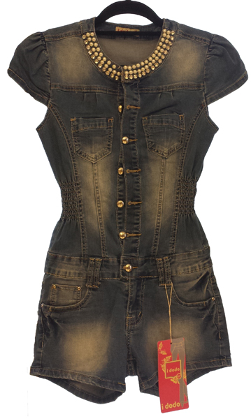 Denim Shorts Catsuit with Pearl Collar